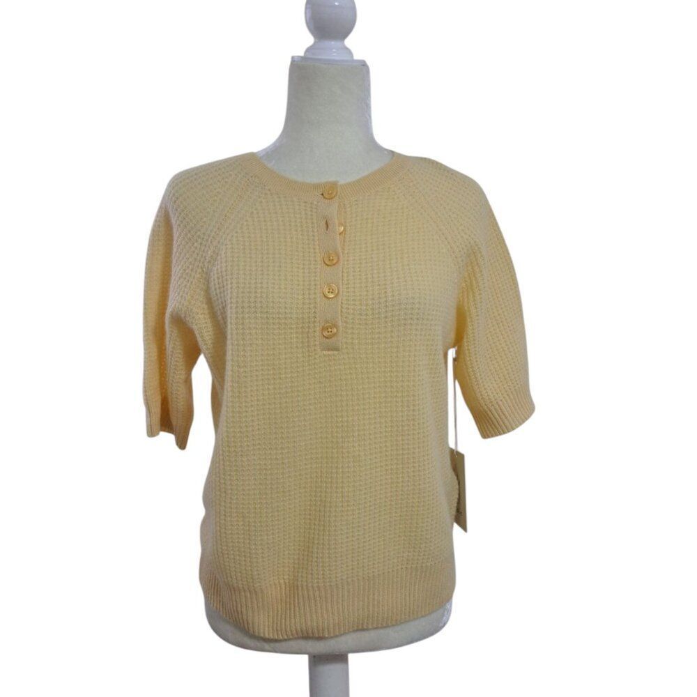 Joie Women's Cashmere Textured Knit Short Sleeve Henley Sweater Butter Yellow L
